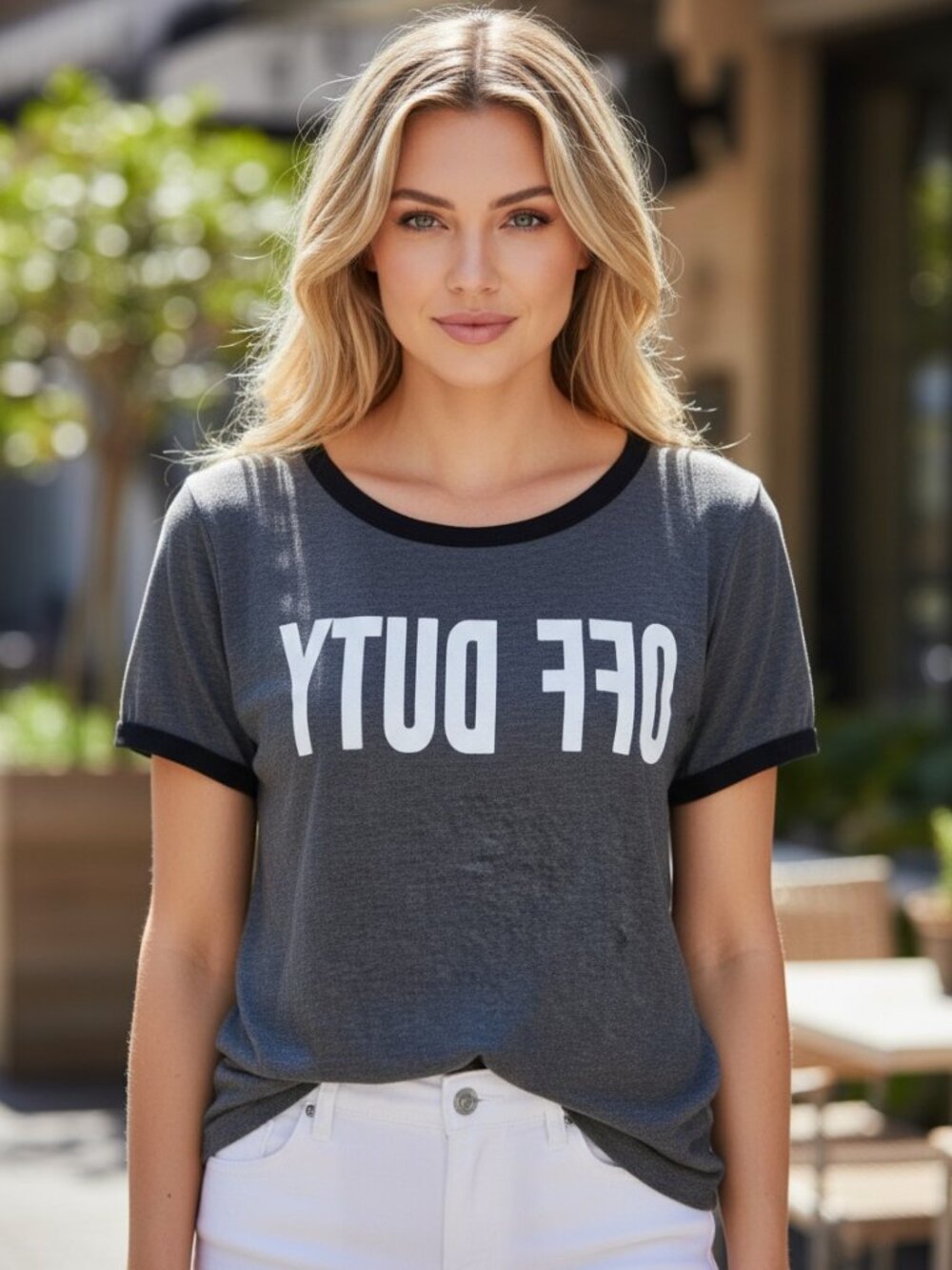 OFF DUTY Graphic Tee L Gray Ringer Shirt Casual Beach Y2K Cute Top
